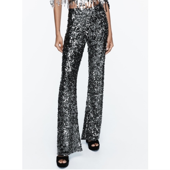 Zara FLARED SEQUIN PANTS LEGGINGS - Picture 5 of 7